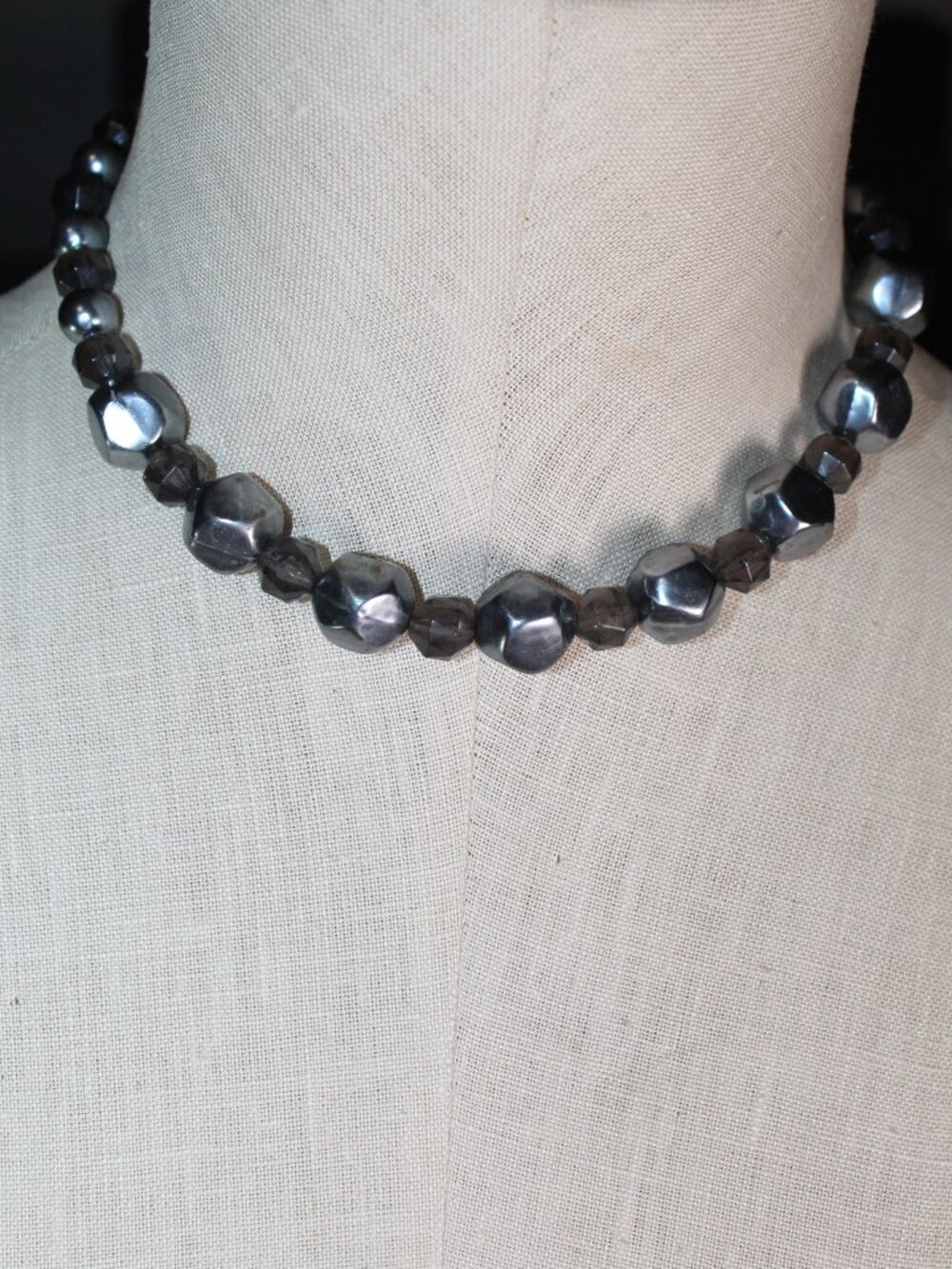 Gunmetal Faceted Graduated Bead Statement Necklace Geometric Gray 20" Necklace